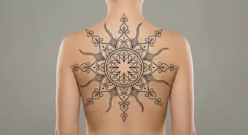 ornamental sun tattoo on the back