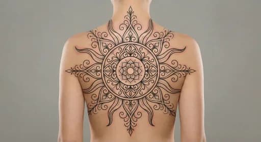 ornamental sun tattoo on the back