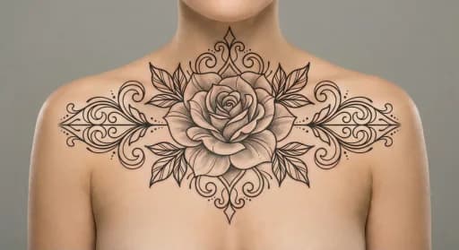 ornamental rose tattoo on the chest