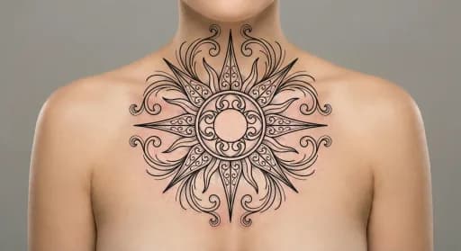 ornamental sun tattoo on the chest