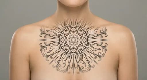 ornamental sun tattoo on the chest