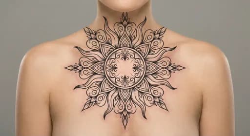 ornamental sun tattoo on the chest