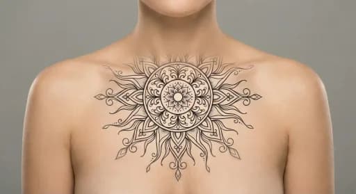 ornamental sun tattoo on the chest