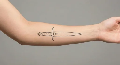 fine line dagger tattoo on the forearm