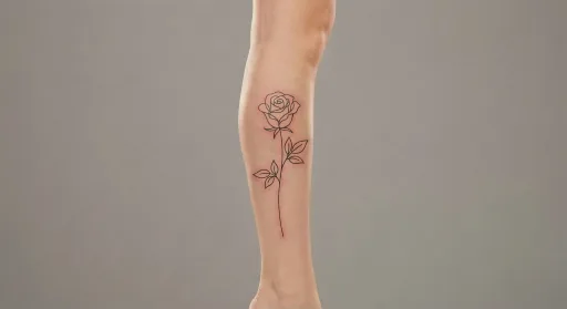 fine line rose tattoo on the leg