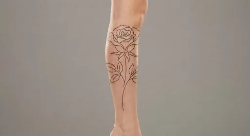 fine line rose tattoo on the leg