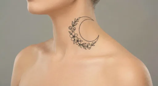 floral moon tattoo on the neck