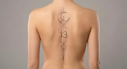 fine line moon tattoo on the spine