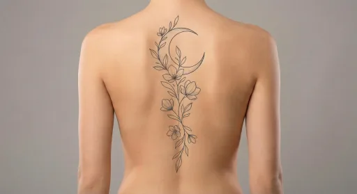floral moon tattoo on the spine