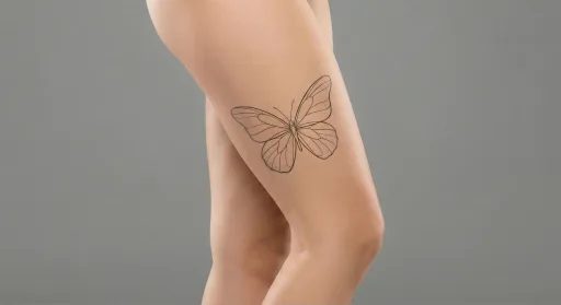fine line butterfly tattoo on the thigh
