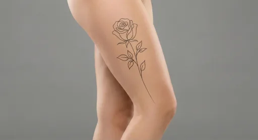 fine line rose tattoo on the thigh