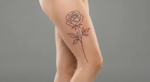 fine line rose tattoo on the thigh