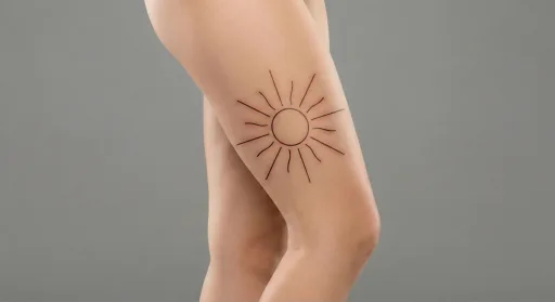 fine line sun tattoo on the thigh