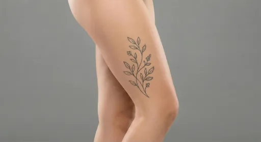 fine line vine tattoo on the thigh