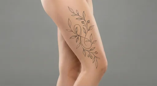 fine line vine tattoo on the thigh