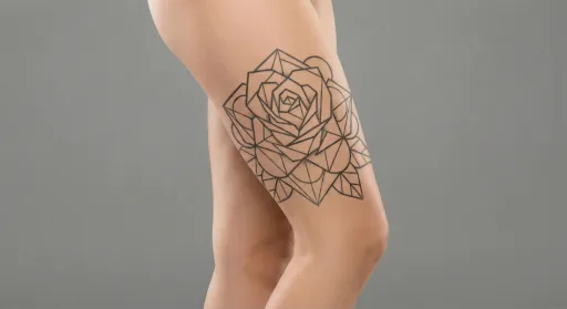 geometric rose tattoo on the thigh