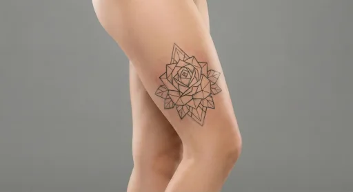 geometric rose tattoo on the thigh