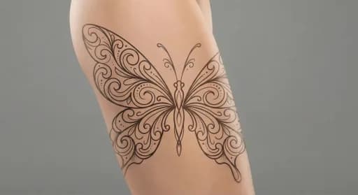 ornamental butterfly tattoo on the thigh