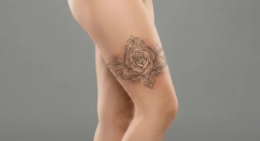ornamental rose tattoo on the thigh