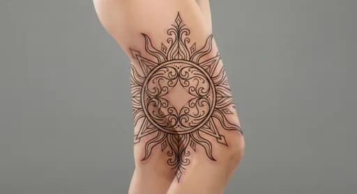 ornamental sun tattoo on the thigh