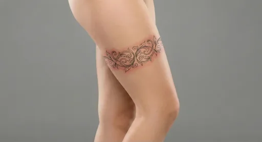 ornamental vine tattoo on the thigh