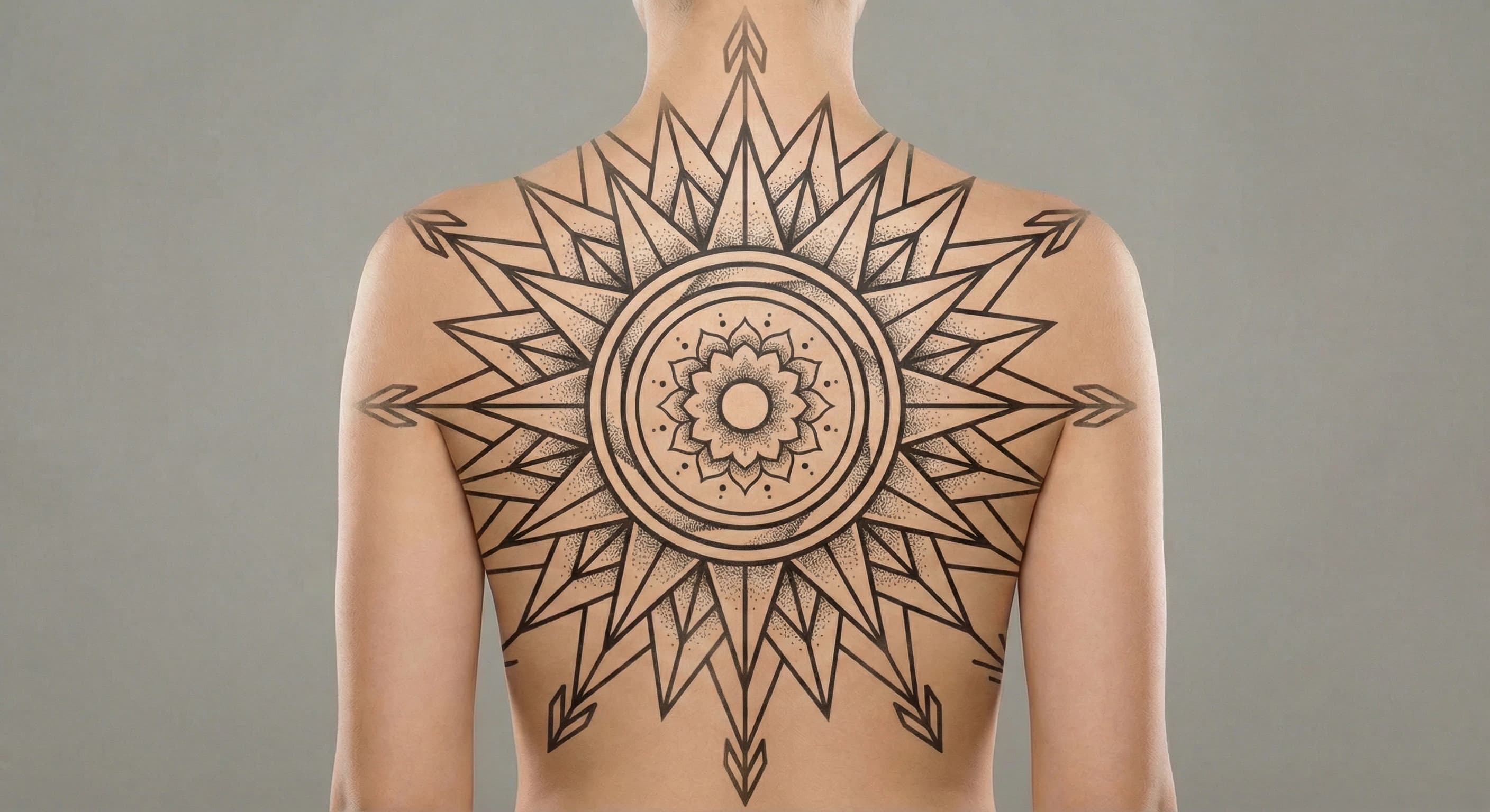 geometric sun tattoo on the back