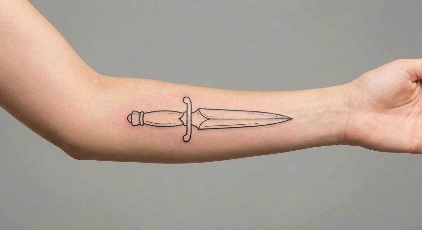 fine line dagger tattoo on the forearm